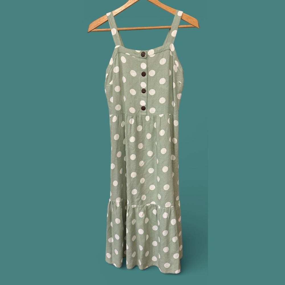 Sage Green White‎ Polka Dot Monteau Los Angeles Sleeveless Summer Dress Size M